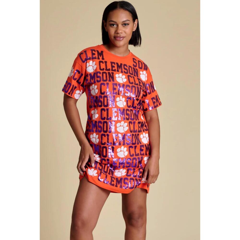 NEW STEWART SIMMONS sequin repeat t-shirt dress in orange